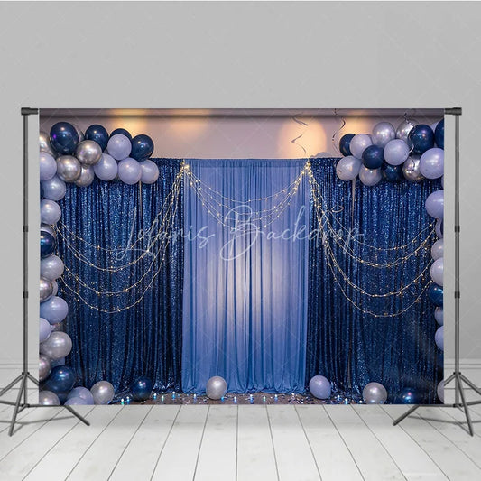 Lofaris Elegant Blue Sequin and Fabric Photography Backdrop with Balloons String Lights Festive Party Celebration Decor
