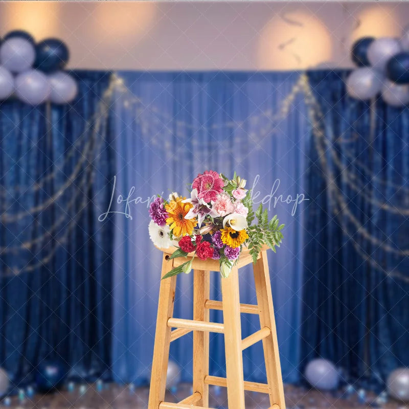 Lofaris Elegant Blue Sequin and Fabric Photography Backdrop with Balloons String Lights Festive Party Celebration Decor