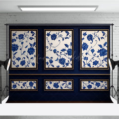 Lofaris Elegant Blue Wall Photography Backdrop Chinoiserie Style with Floral Panels Fine Art Studio Photo Prop