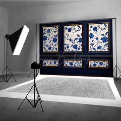 Lofaris Elegant Blue Wall Photography Backdrop Chinoiserie Style with Floral Panels Fine Art Studio Photo Prop