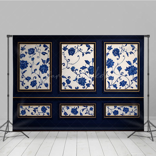 Lofaris Elegant Blue Wall Photography Backdrop Chinoiserie Style with Floral Panels Fine Art Studio Photo Prop
