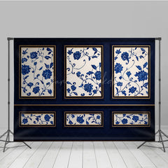 Lofaris Elegant Blue Wall Photography Backdrop Chinoiserie Style with Floral Panels Fine Art Studio Photo Prop