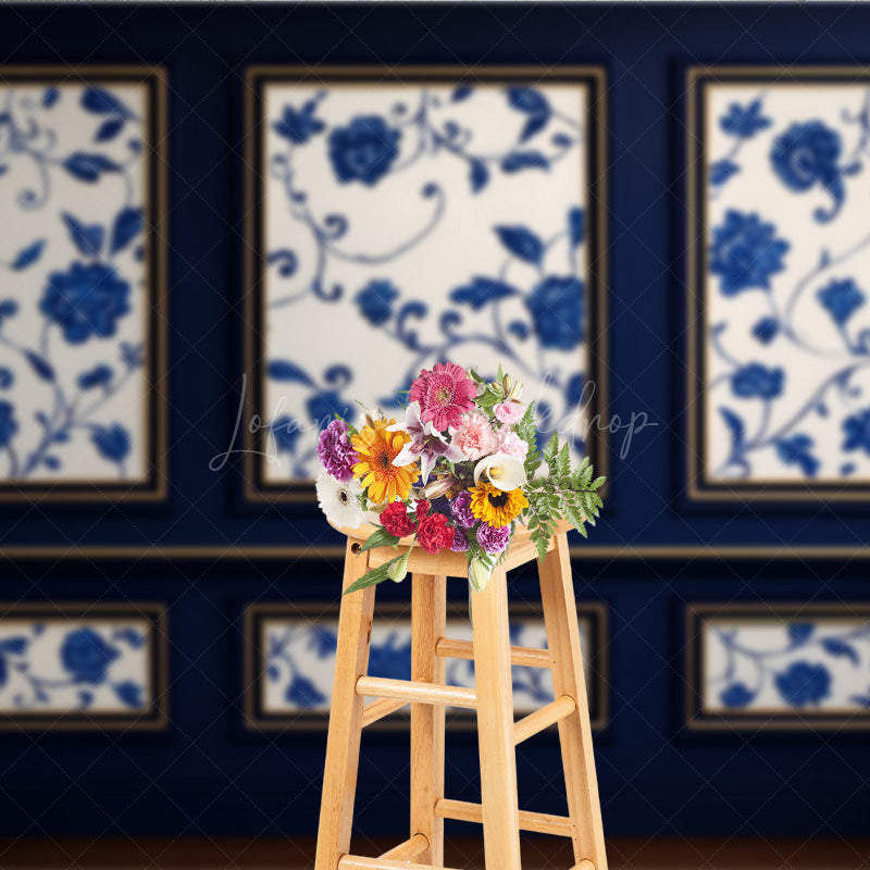 Lofaris Elegant Blue Wall Photography Backdrop Chinoiserie Style with Floral Panels Fine Art Studio Photo Prop