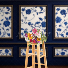 Lofaris Elegant Blue Wall Photography Backdrop Chinoiserie Style with Floral Panels Fine Art Studio Photo Prop