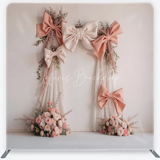 Lofaris Elegant Blush Pink and Cream Bows Square Double-Sided Backdrop Romantic Rose Floral Arch for Events