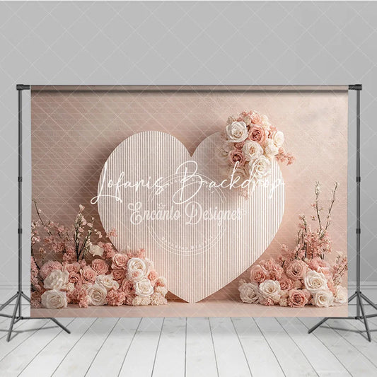 Lofaris Elegant Blush Pink Heart Shaped Photography Backdrop White Roses and Floral Accents Romantic Wedding Decor