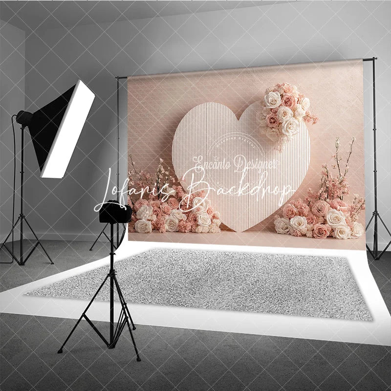 Lofaris Elegant Blush Pink Heart Shaped Photography Backdrop White Roses and Floral Accents Romantic Wedding Decor