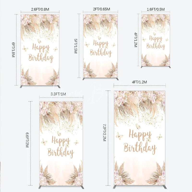 Lofaris Elegant Boho Blush Floral Happy Birthday Rectangle Arch Backdrop with Pampas Grass and Gold Glitter Butterflies