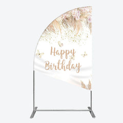 Lofaris Elegant Boho Happy Birthday Half Moon Arch Backdrop with Pampas Grass Roses and Butterflies
