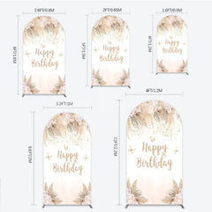 Lofaris Elegant Boho Pink Floral Happy Birthday Round Top Arch Backdrop featuring Pampas Grass and Gold Glitter
