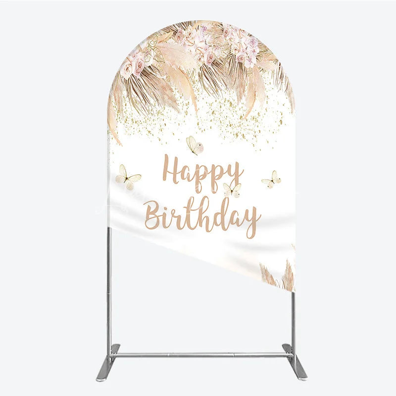 Lofaris Elegant Boho Pink Floral Happy Birthday Round Top Arch Backdrop featuring Pampas Grass and Gold Glitter