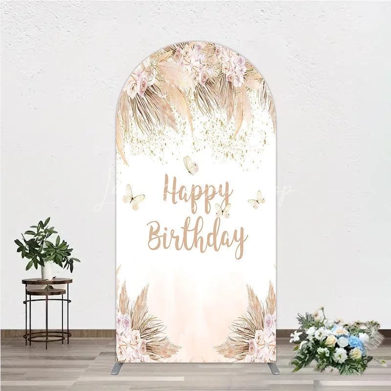 Lofaris Elegant Boho Pink Floral Happy Birthday Round Top Arch Backdrop featuring Pampas Grass and Gold Glitter