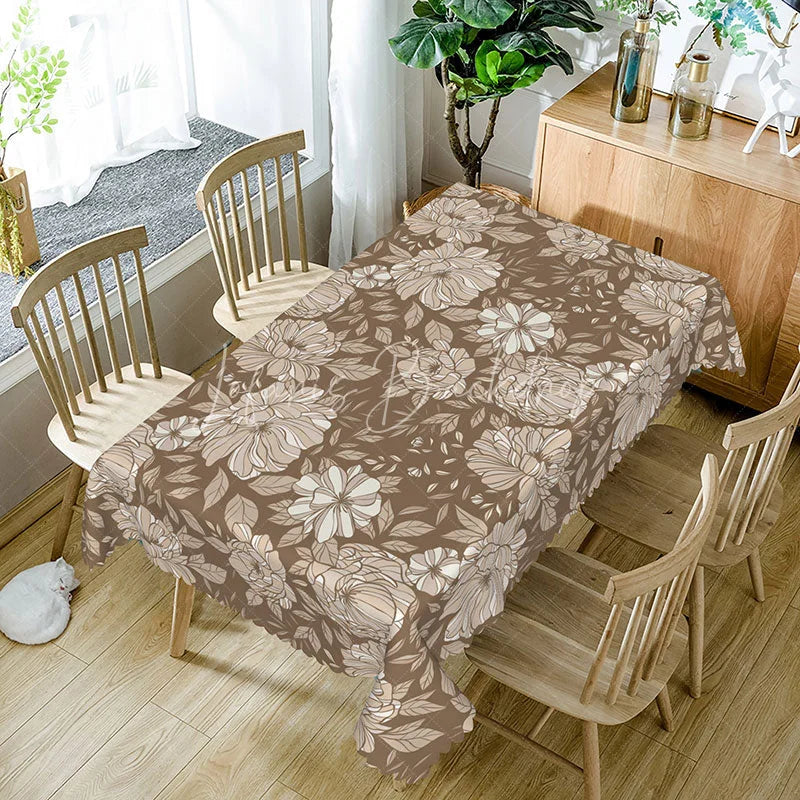 Lofaris Elegant Brown Floral Rectangle Tablecloth Beige Flowers Modern Farmhouse Kitchen Dining Decor