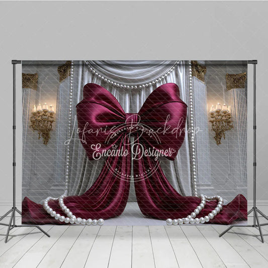 Lofaris Elegant Burgundy Bow with White Drapes and Gold Accents Photography Backdrop Pearl Embellishments for Celebrations