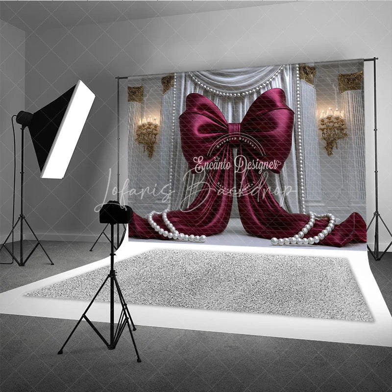 Lofaris Elegant Burgundy Bow with White Drapes and Gold Accents Photography Backdrop Pearl Embellishments for Celebrations