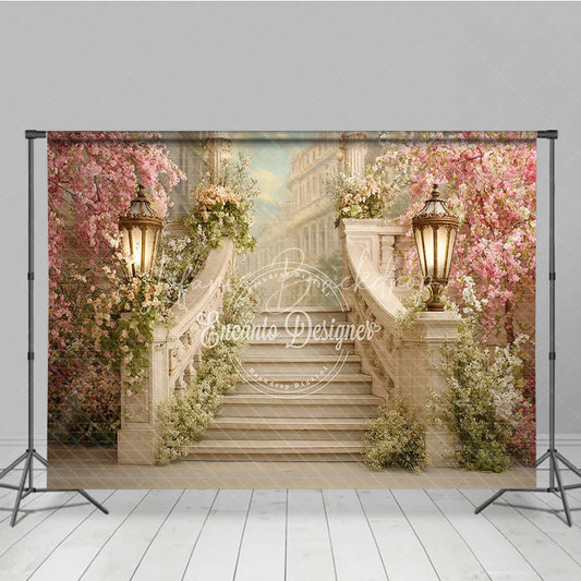 Lofaris Elegant Cherry Blossom Staircase Photography Backdrop Romantic Floral Garden Party Decor