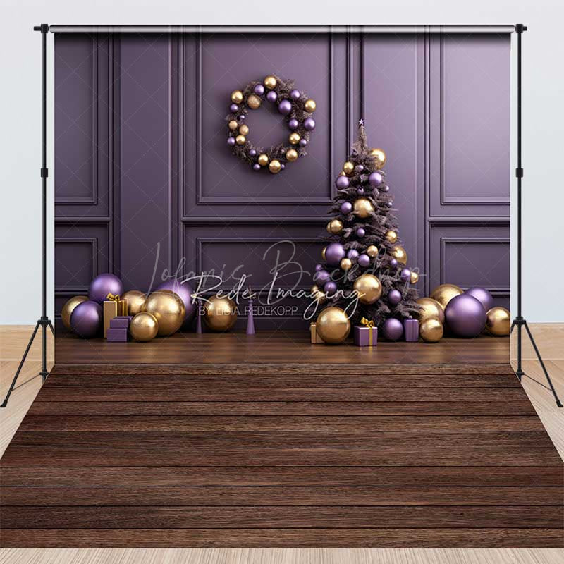 Lofaris Elegant Christmas and Floor Combo Set Backdrop Purple Gold Ornaments with Xmas Tree Holiday Photo Prop
