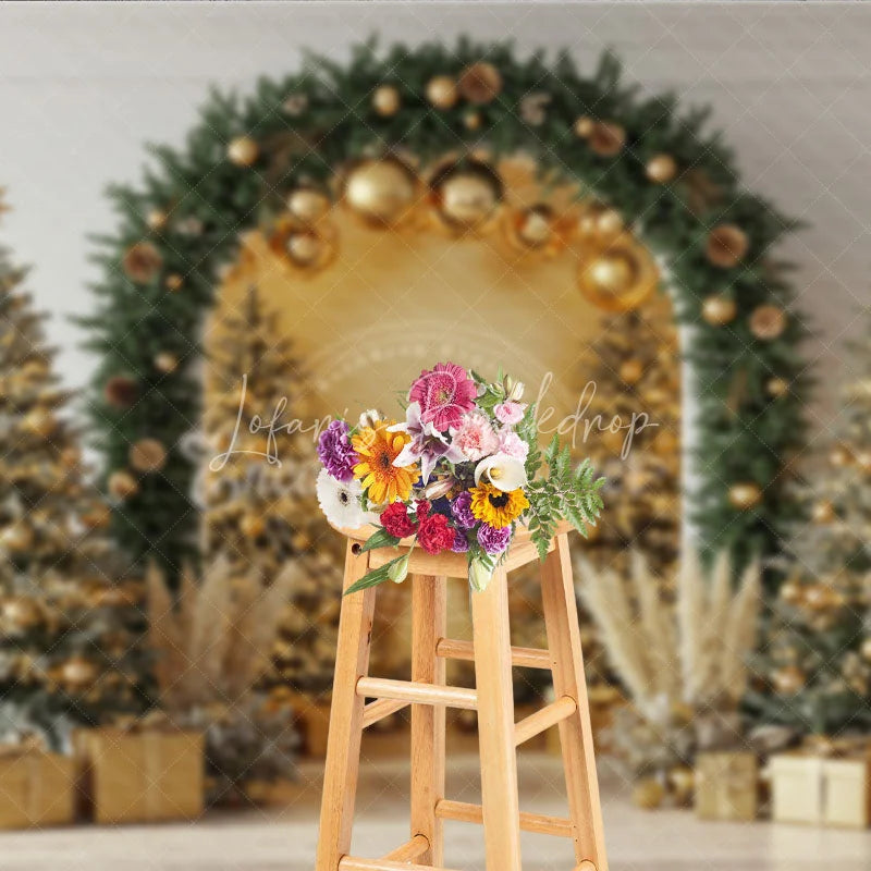Lofaris Elegant Christmas Arch Photography Backdrop Gold Ornaments with Pampas Grass Modern Holiday Photo Background