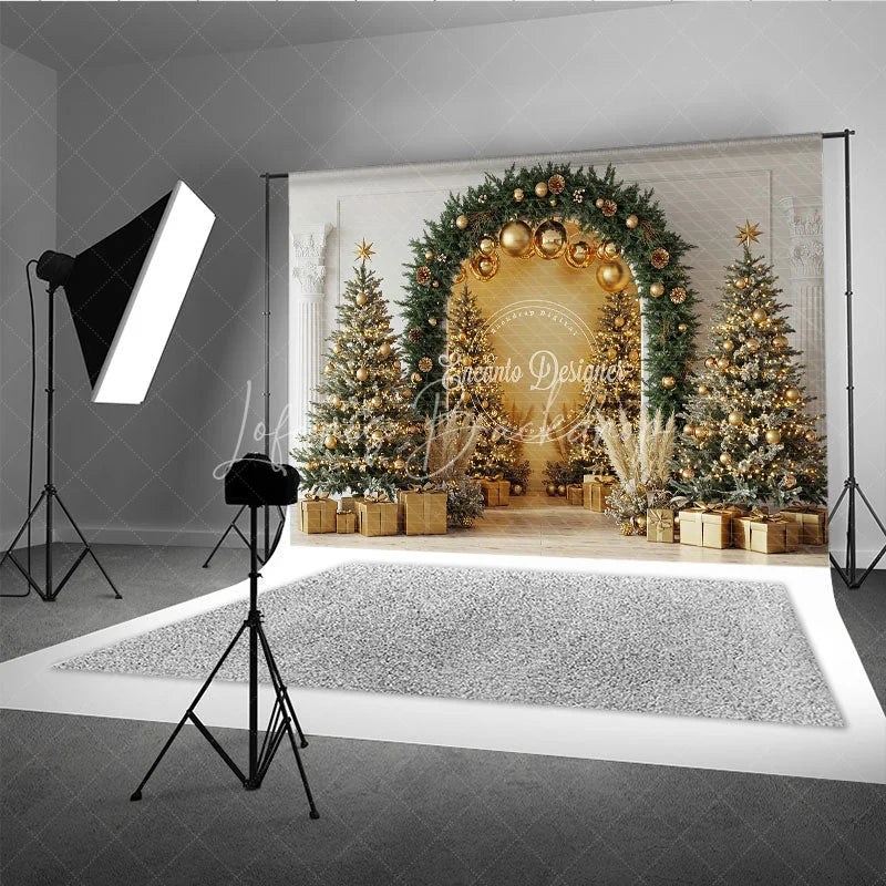 Lofaris Elegant Christmas Arch Photography Backdrop Gold Ornaments with Pampas Grass Modern Holiday Photo Background