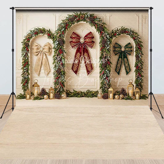 Lofaris Elegant Christmas Arches with Festive Garlands and Red Green Gold Bows Combo Set Backdrop Holiday Party Decor