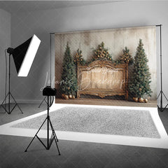 Lofaris Elegant Christmas Backdrop Vintage Gold Bench with Xmas Trees Rustic Farmhouse Holiday Photo Booth Props