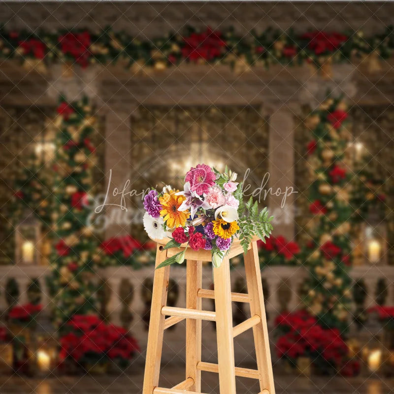 Lofaris Elegant Christmas Balcony Photography Backdrop Columns with Poinsettia Garland Holiday Fairy Lights Photo Background