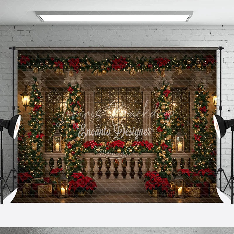 Lofaris Elegant Christmas Balcony Photography Backdrop Columns with Poinsettia Garland Holiday Fairy Lights Photo Background