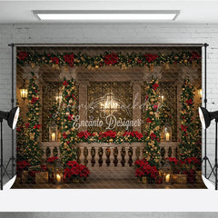 Lofaris Elegant Christmas Balcony Photography Backdrop Columns with Poinsettia Garland Holiday Fairy Lights Photo Background