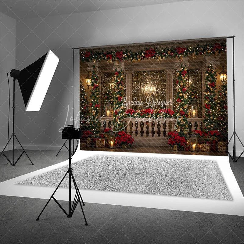 Lofaris Elegant Christmas Balcony Photography Backdrop Columns with Poinsettia Garland Holiday Fairy Lights Photo Background