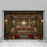 Lofaris Elegant Christmas Balcony Photography Backdrop Columns with Poinsettia Garland Holiday Fairy Lights Photo Background