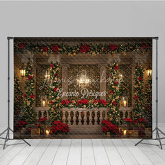 Lofaris Elegant Christmas Balcony Photography Backdrop Columns with Poinsettia Garland Holiday Fairy Lights Photo Background