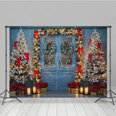 Lofaris Elegant Christmas Door Photography Backdrop Blue in Snow with Garland Winter Holiday Photo Background