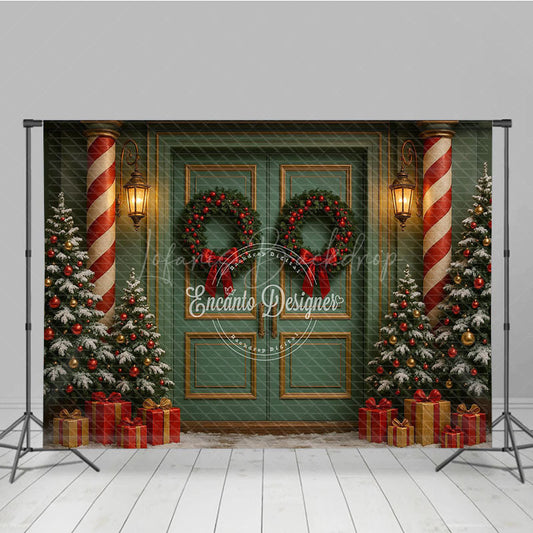 Lofaris Elegant Christmas Door Photography Backdrop Candy Cane Columns with Trees Holiday Front Porch Photo Background