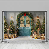 Lofaris Elegant Christmas Door Photography Backdrop Garland and Lanterns in Snow Holiday Mini Session Background