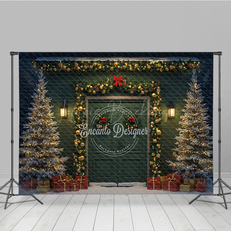 Lofaris Elegant Christmas Door Photography Backdrop Green with Gold Garland Snowy Holiday Photo Background