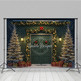 Lofaris Elegant Christmas Door Photography Backdrop Green with Gold Garland Snowy Holiday Photo Background