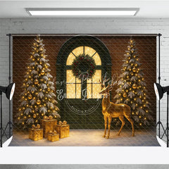 Lofaris Elegant Christmas Door Photography Backdrop Green with Gold Reindeer Snowy Holiday Mini Session Background