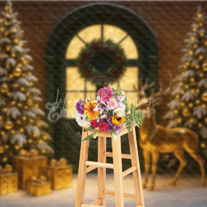 Lofaris Elegant Christmas Door Photography Backdrop Green with Gold Reindeer Snowy Holiday Mini Session Background