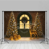 Lofaris Elegant Christmas Door Photography Backdrop Green with Gold Reindeer Snowy Holiday Mini Session Background