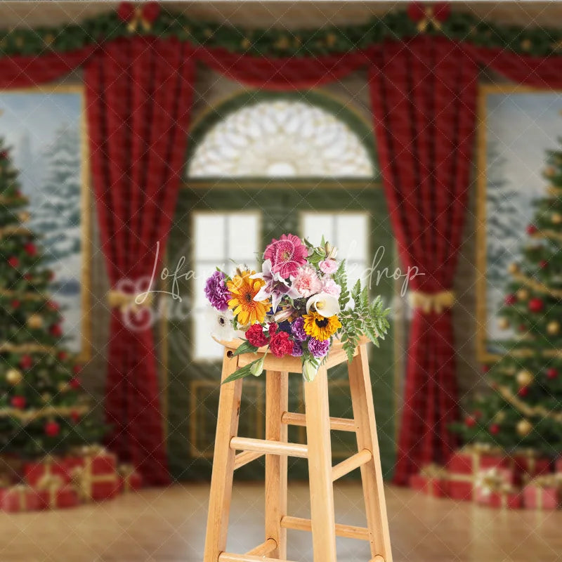 Lofaris Elegant Christmas Door Photography Backdrop Green with Red Curtains Classic Holiday Photo Background