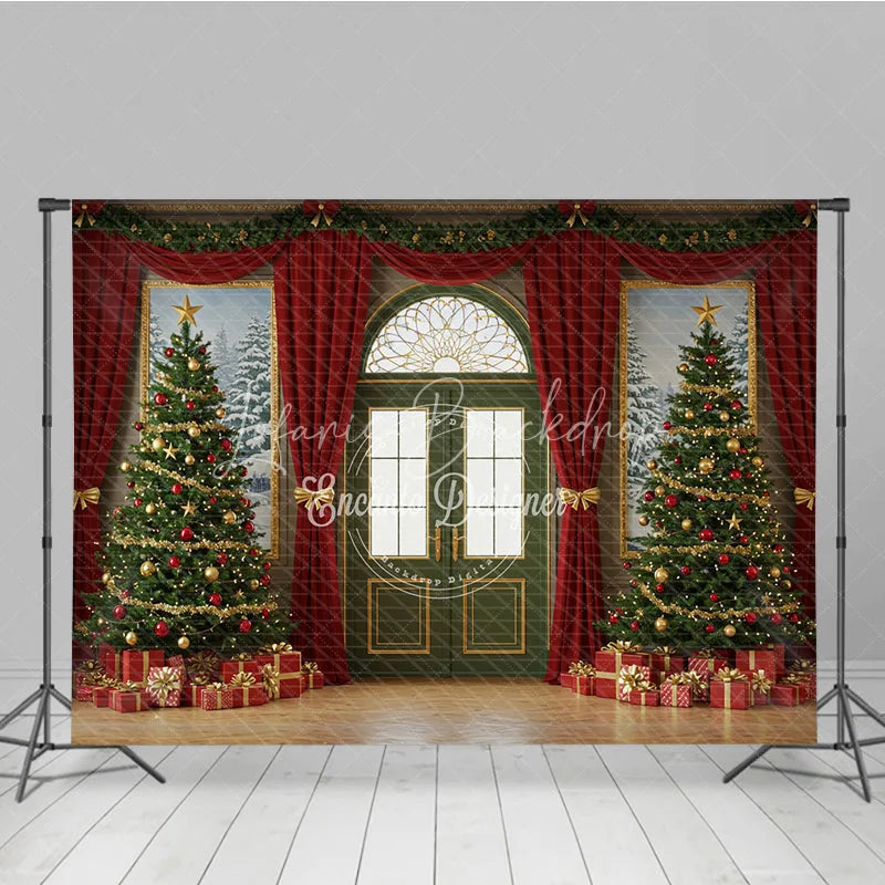 Lofaris Elegant Christmas Door Photography Backdrop Green with Red Curtains Classic Holiday Photo Background
