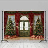 Lofaris Elegant Christmas Door Photography Backdrop Green with Red Curtains Classic Holiday Photo Background