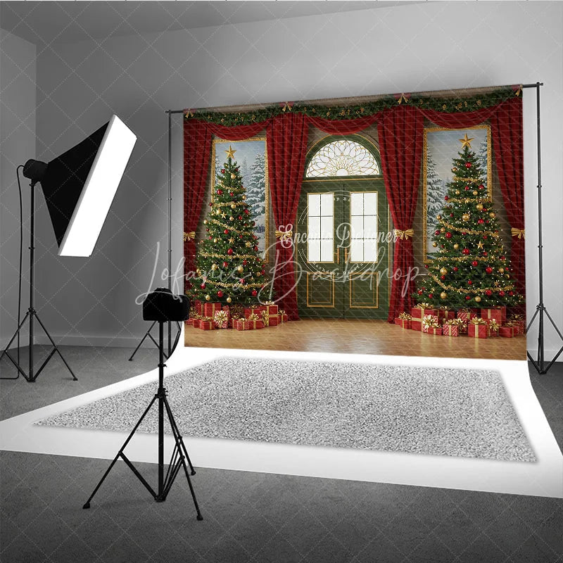 Lofaris Elegant Christmas Door Photography Backdrop Green with Red Curtains Classic Holiday Photo Background