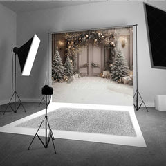 Lofaris Elegant Christmas Doorway Photography Backdrop Frosted Trees and Gifts in Snow Silver Gold Holiday Decor Prop