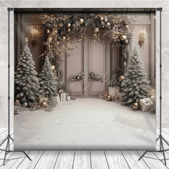 Lofaris Elegant Christmas Doorway Photography Backdrop Frosted Trees and Gifts in Snow Silver Gold Holiday Decor Prop