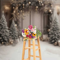 Lofaris Elegant Christmas Doorway Photography Backdrop Frosted Trees and Gifts in Snow Silver Gold Holiday Decor Prop