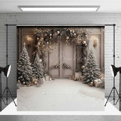 Lofaris Elegant Christmas Doorway Photography Backdrop Frosted Trees and Gifts in Snow Silver Gold Holiday Decor Prop