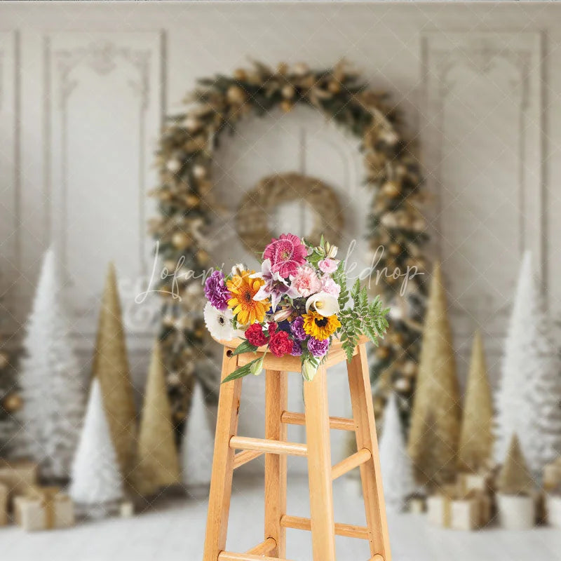 Lofaris Elegant Christmas Doorway Photography Backdrop Gold Garland Arch with Flocked Trees Classic Holiday Photo Background