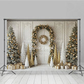Lofaris Elegant Christmas Doorway Photography Backdrop Gold Garland Arch with Flocked Trees Classic Holiday Photo Background