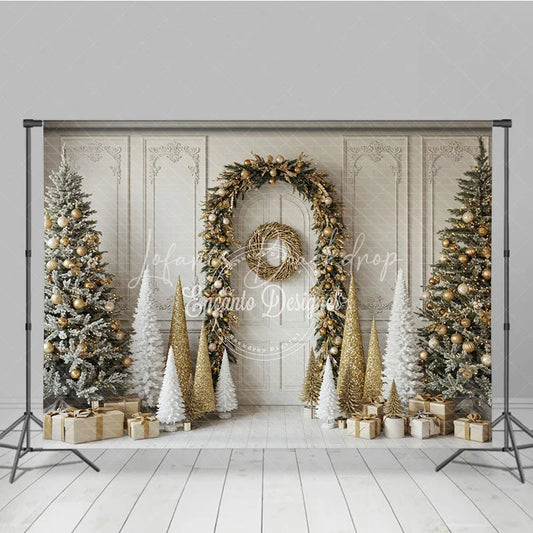Lofaris Elegant Christmas Doorway Photography Backdrop Gold Garland Arch with Flocked Trees Classic Holiday Photo Background